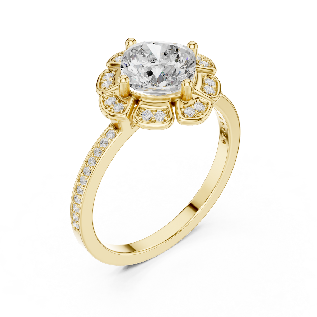 cushion cut floral engagement ring