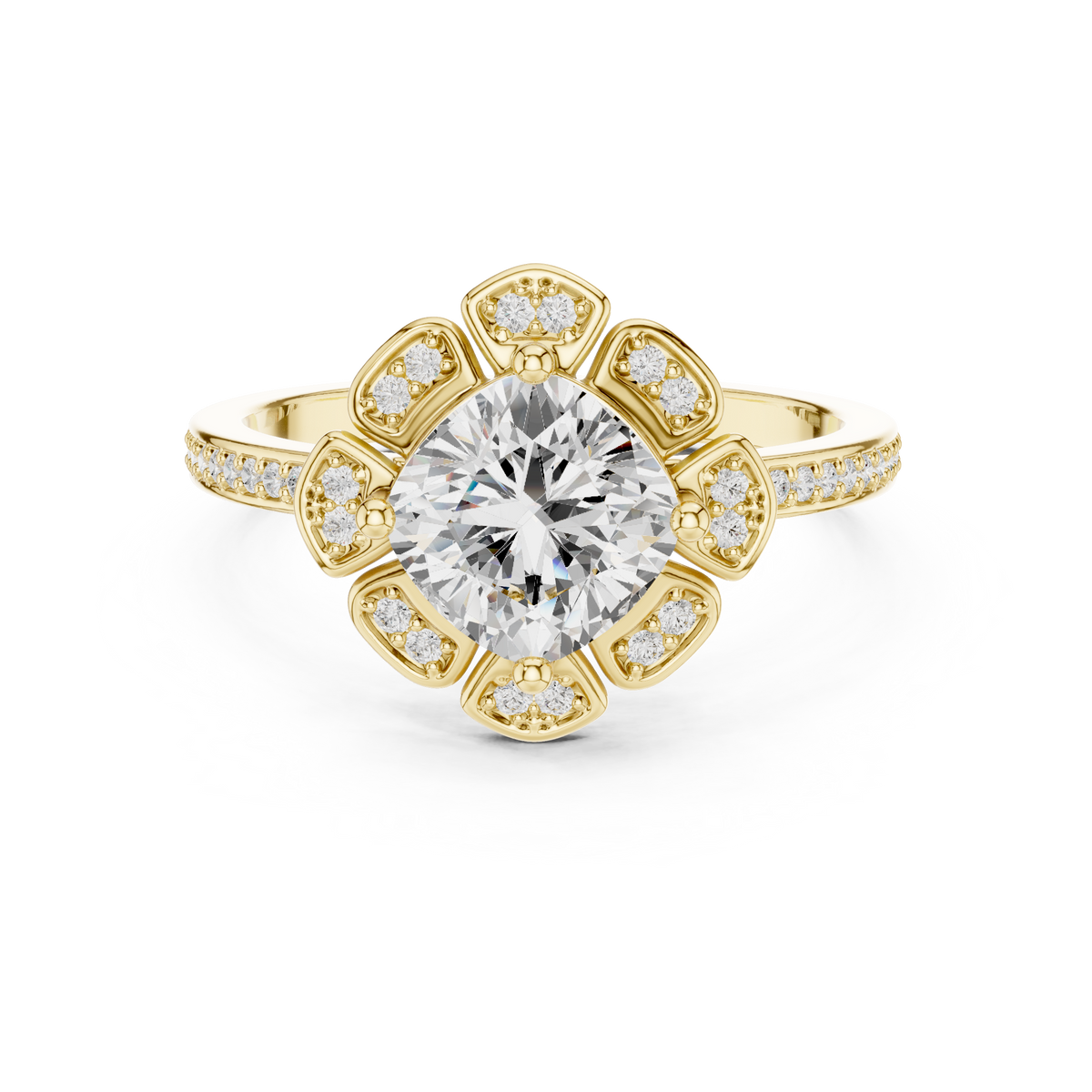 cushion cut floral engagement ring